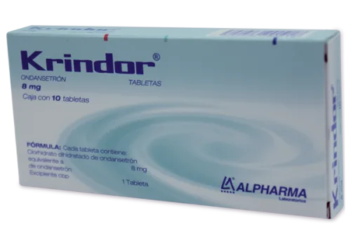 Caja blanca con azul de ondansetrón marca krindor alpharma para el vómito