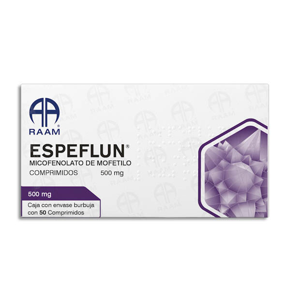 Espeflun 500 mg Micofenolato de mofetilo caja con 50 comprimidos