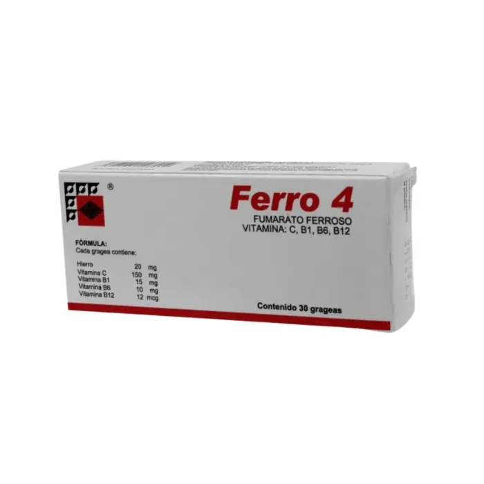 FERRO 4 FUMARATO FERROSO, VITAMINA C, B1, B6, B12 CAJA CON 30 GRAGEAS