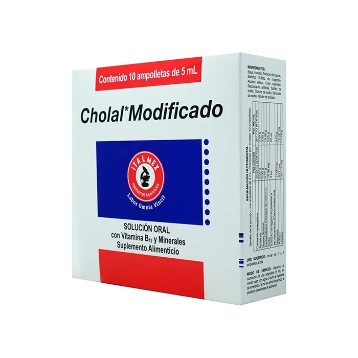 CHOLAL MODIFICADO 5 ML VITAMINA B12 MINERALES  10 AMPOLLETAS: MODIFICADO VITAMINA B12 MINERALES AMPOLLETAS, ITALMEX. Disponible en Farmasmart. Compra en línea.