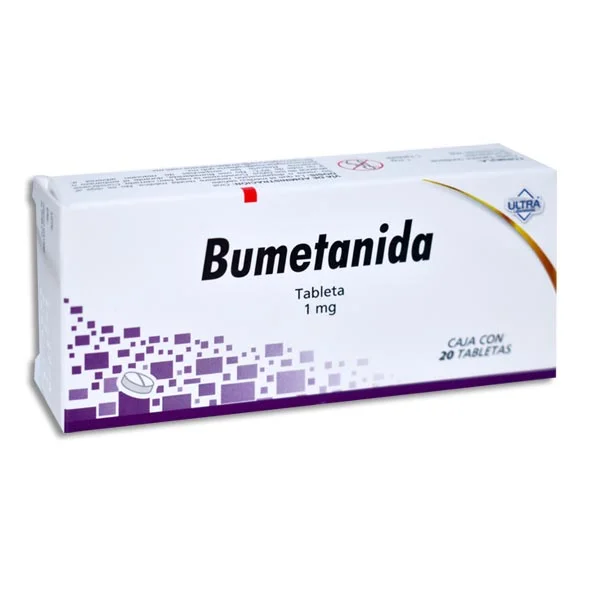 Caja blanca con morado de Bumetanida 1 mg 20 tratamiento para retención de liquidos
