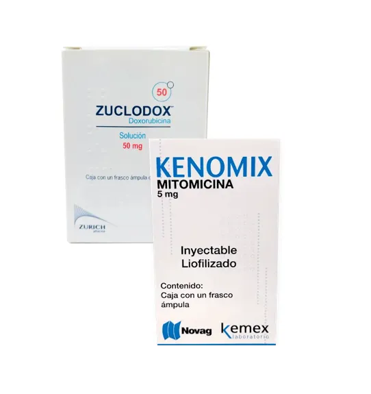 packae Zuclodox Doxorubicina 50mg sol. iny 1 frasco y Kenomix mitomicina 5 mg inyectable c/1