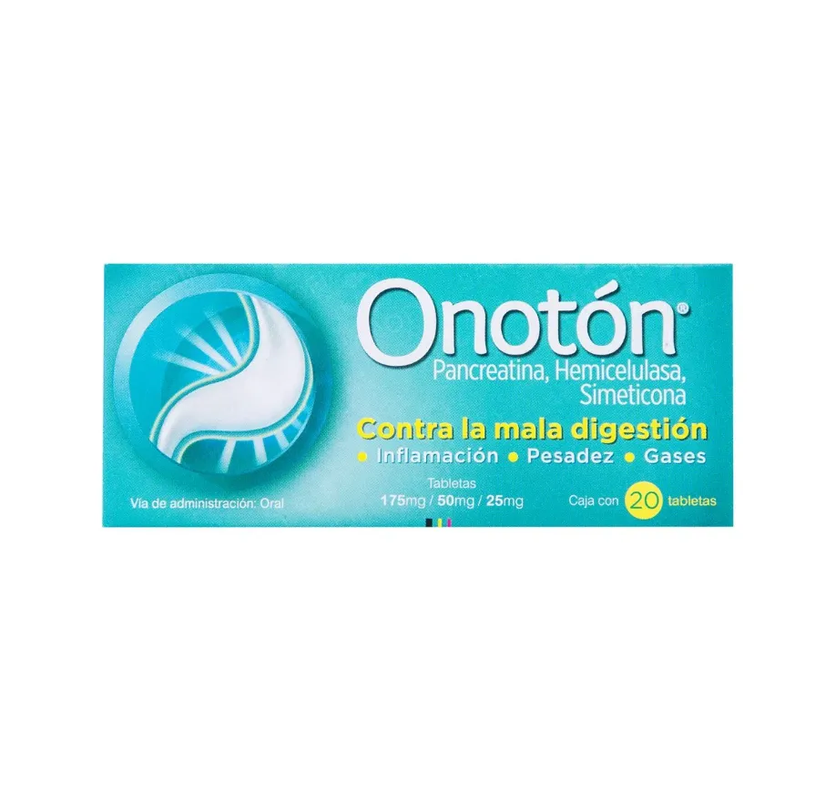 ONOTÓN PANCREATINA, HEMICELUÑASA, SIMETICONA CAJA CON 20 TABLETAS LAB. SANOFI: PANCREATINA, HEMICELUÑASA, SIMETICONA CON LAB. SANOFI, SANOFI AVENTIS DE MíÉXICO. Disponible en Farmasmart. Compra en línea.