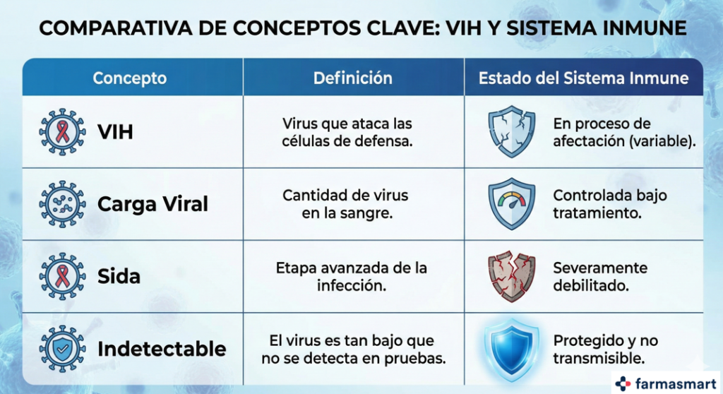 Tabla comparativa de conceptos clave sobre el VIH y el sistema inmune, detallando las diferencias entre VIH, Carga Viral, Sida e Indetectable.