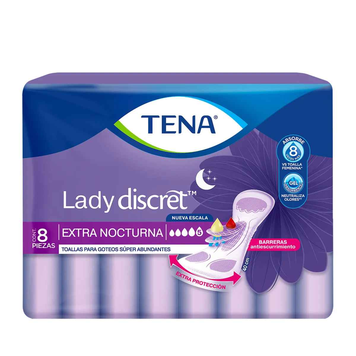 Bolsa azul con morado de toallas sanitarias 8 piezas.