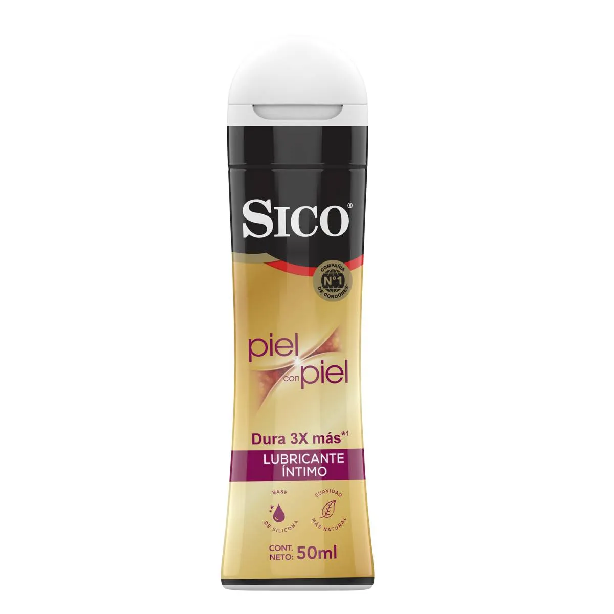 Frasco dorado con negro lubricante piel con piel Sico de 50 mL.