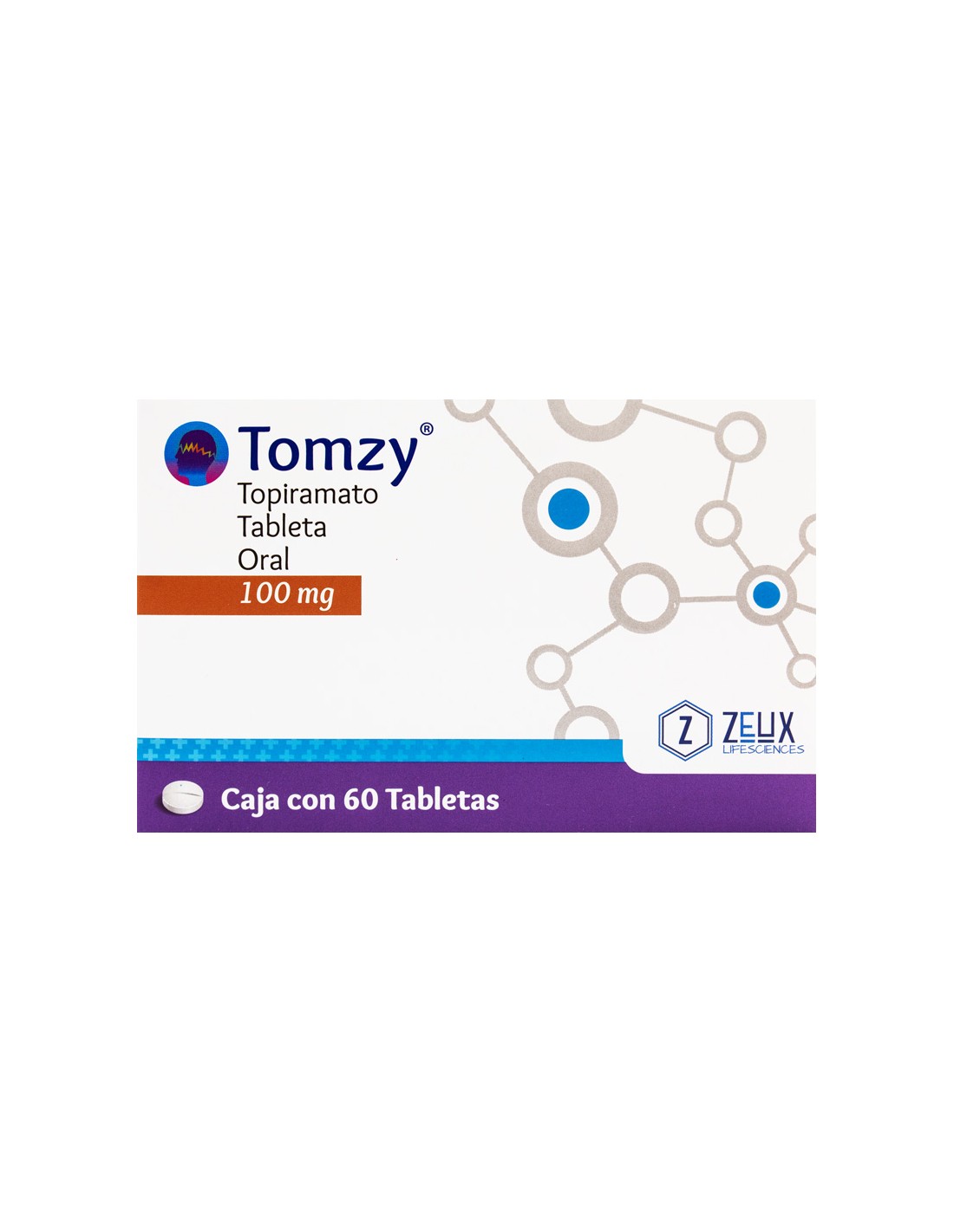 Caja blanca con azul de topiramato Tomzy 100 mg del laboratorio Zeux